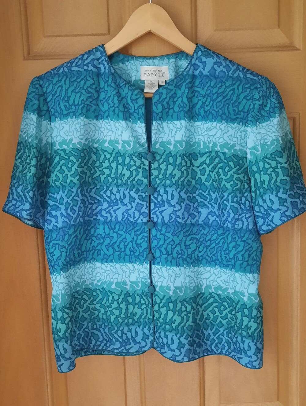 VTG Adrianna Papell 100% Silk Blouse 12 Blue Green Abstract Button Front Top